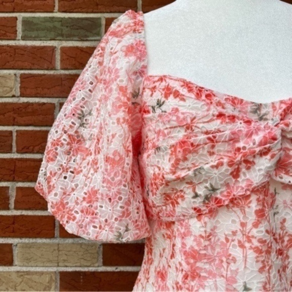 ☀️ NWT Adelyn Rae Collen Floral Eyelet Puff Sleeve Mini Dress in Flamingo - Picture 2 of 16